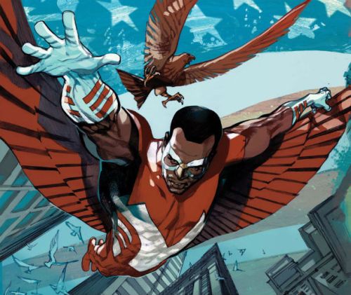 Sam Wilson, The Falcon, and some kind of bird, looks like a hawk of some sort...